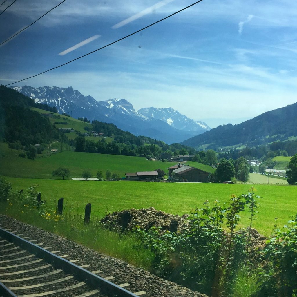 A view of the Austrian Alps from the train window.