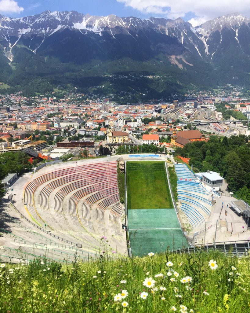 Innsbruck - view from the top of the ski jump over the city and to the mountain beyond