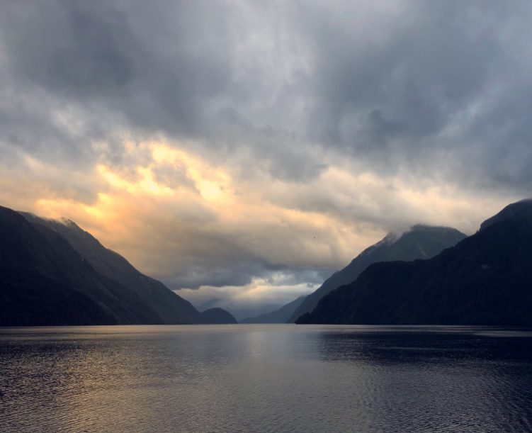 Sunrise over Doubtful Sound, with lots of grey cloud