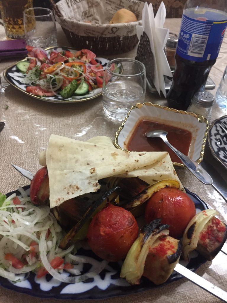 Vegetarian shashlik in Samarkand.