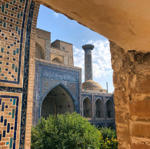 November 2019 - a view of the Registan in Samarkand through a window.