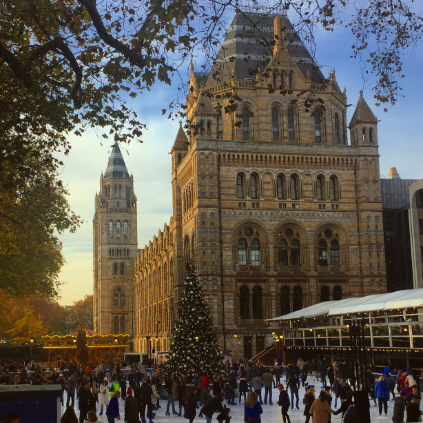 November 2019 - the Natural History Museum ice rink and blue skies.