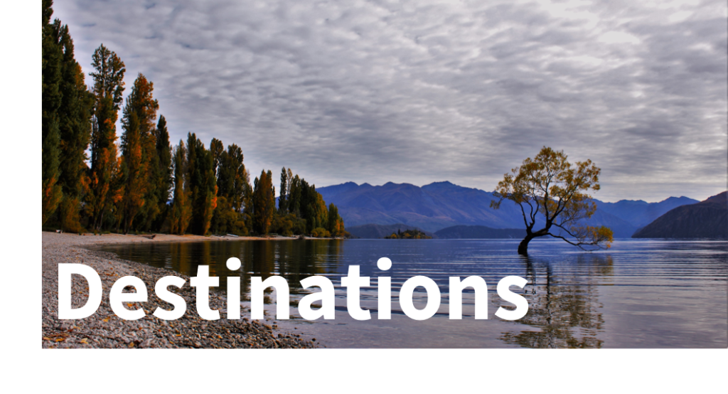 Blog Travel: Destinations - text overlaying an image of This Wanaka Tree - a willow in the waters of Lake Wanaka with a grey sky overhead.