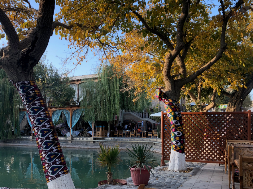 A small lake in the centre of Bukhara, surrounded by cafes and trees wrapped in cloths.