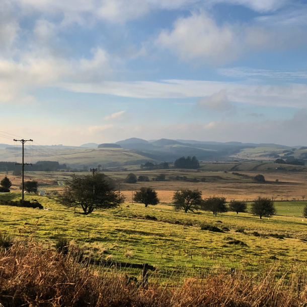 A December 2019 view across mountains and fields in Wales. A telegraph pole to the left of the image and hills rolling away into the distance - blue skies.