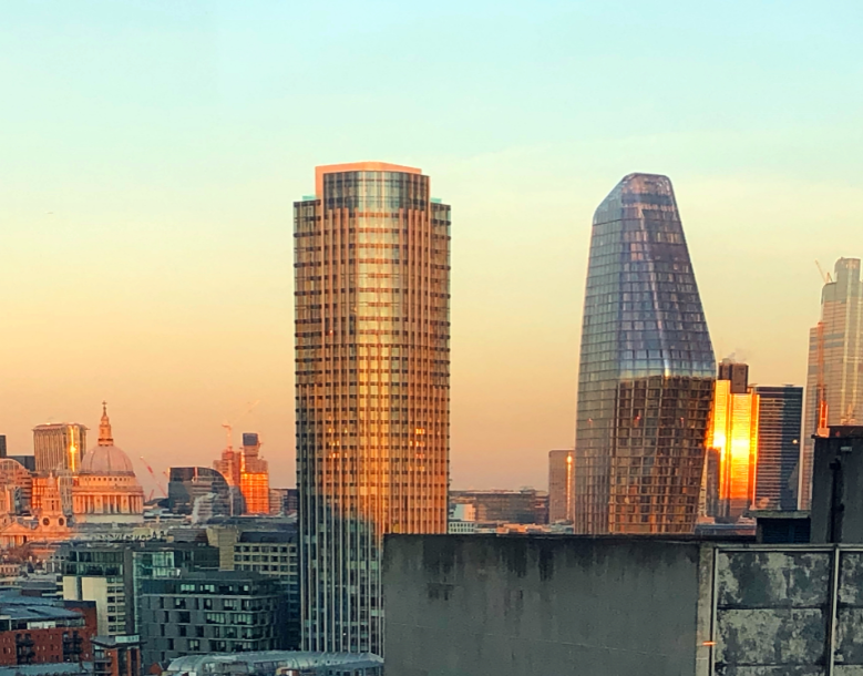 Golden sunset over 1 Blackfriars, St Pauls and a couple of other tower blocks.