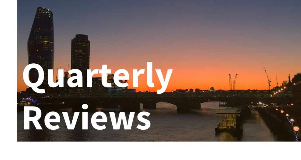 Blog Reviews: Quarterly - text overlaying an image of the River Thames, with buildings silhouetted against an orange sky as the sun has just gone down.