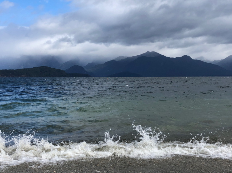 Lake Manapouri. The shoreline with small white waves throwing up foam and dark mountains in the background with low hanging clouds.