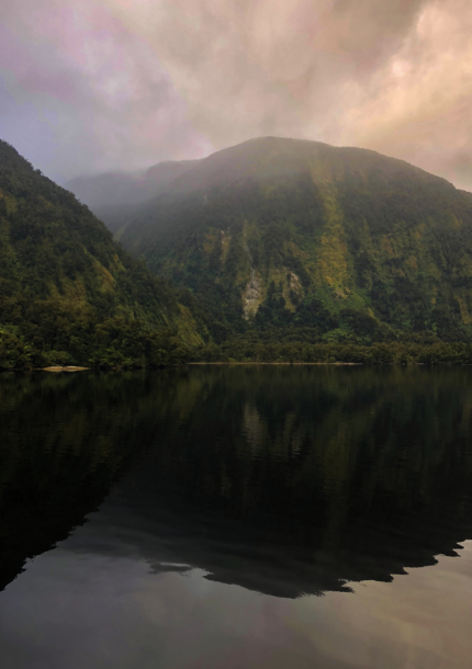 Doubtful Sound. A pink sky at sunset, with low hanging clouds. The water is still and dark with the reflection of the mountains in the background.