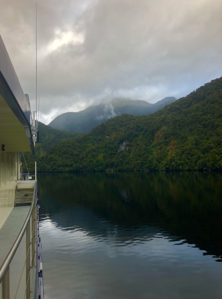 Doubtful Sound. Calm waters in the foreground, with a boat to the left of the image and mountains in the background.