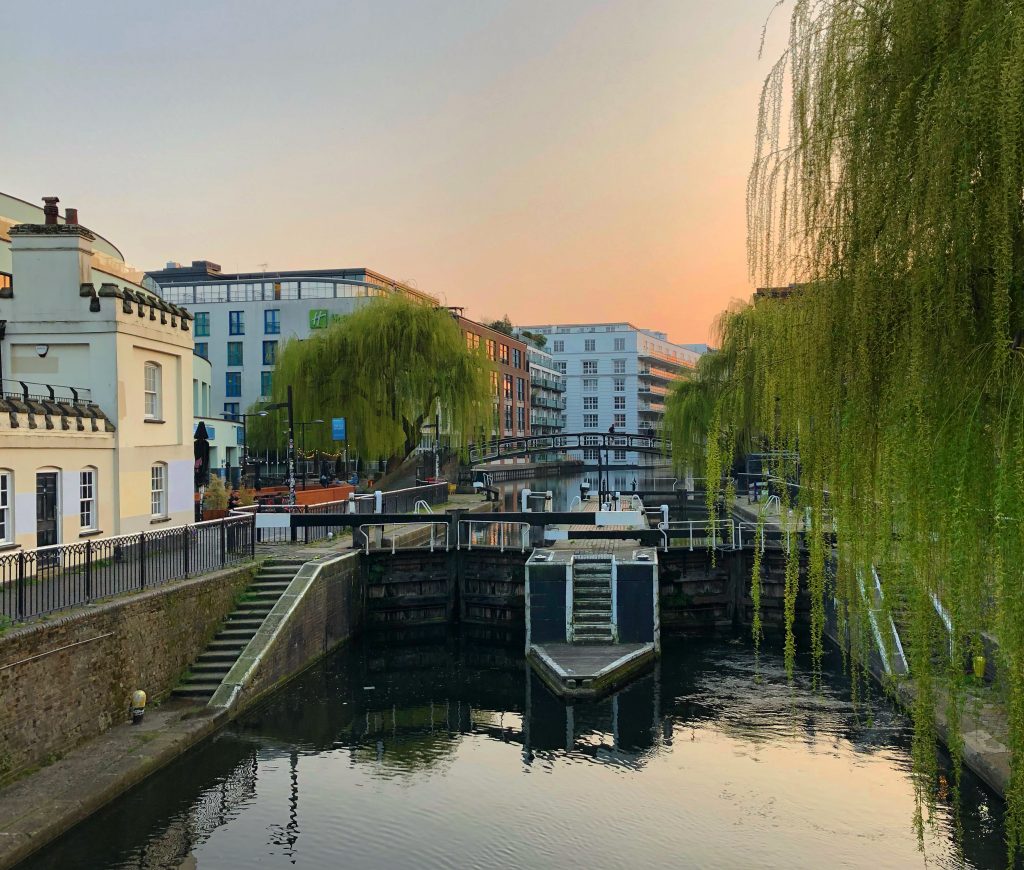 Q2 review - Camden Lock at sunset, with a weeping willow to the right of the photo and the sky glowing orange.