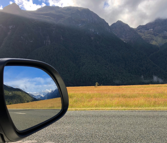 The view through the rearview mirror.