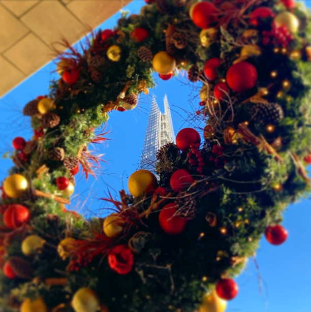Q4 2020 - a wreath suspended from the ceiling with the Shard seen through the centre.