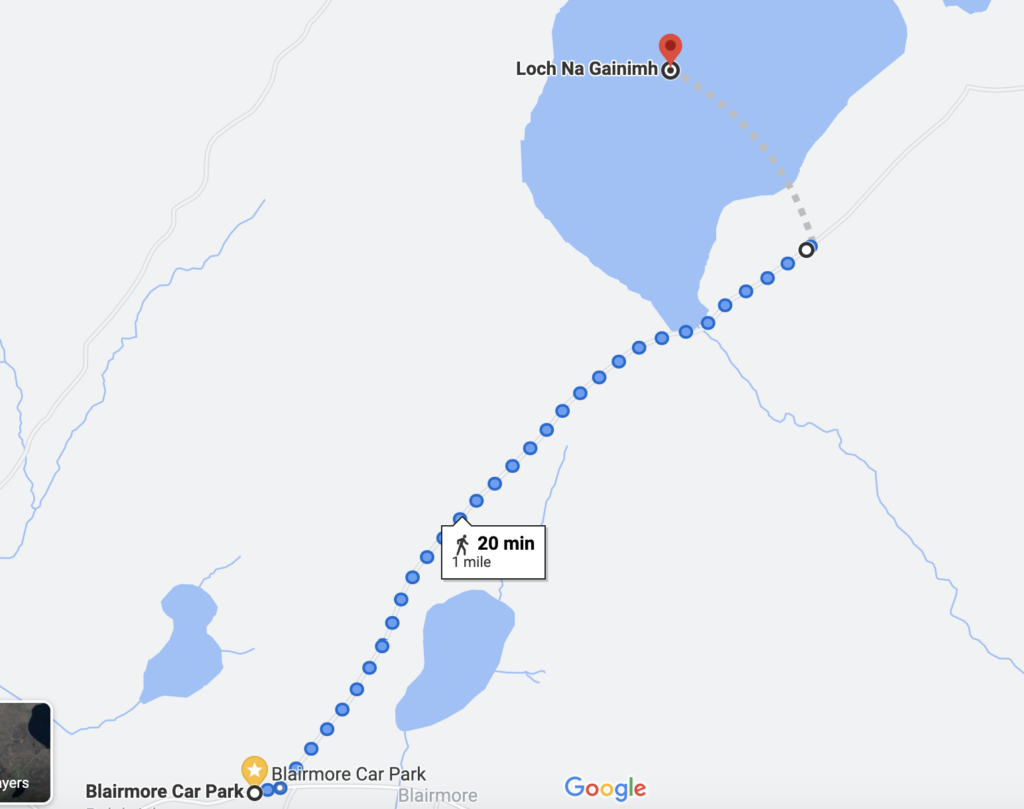 Map showing hike sectionfrom Blairmore carpark to Loch Na Gainimh