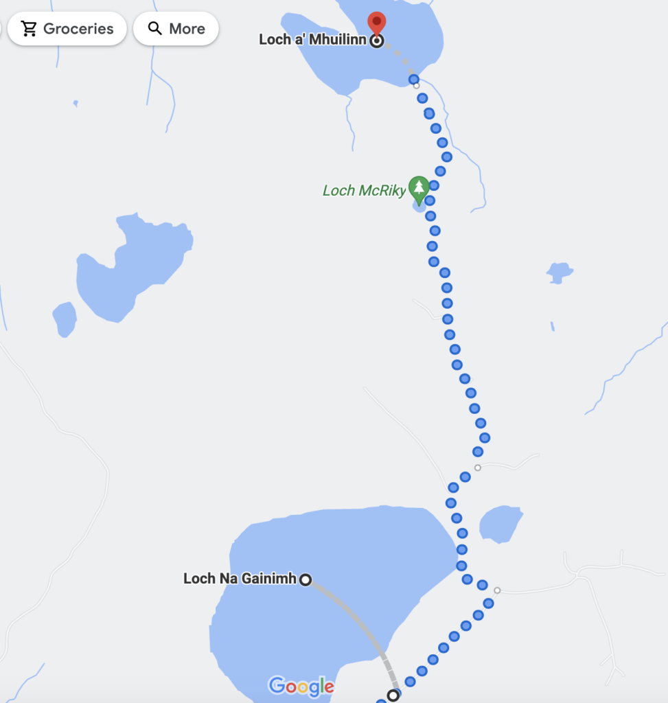 Map showing hike section Loch Na Gainimh to Loch a' Mhuilinn.