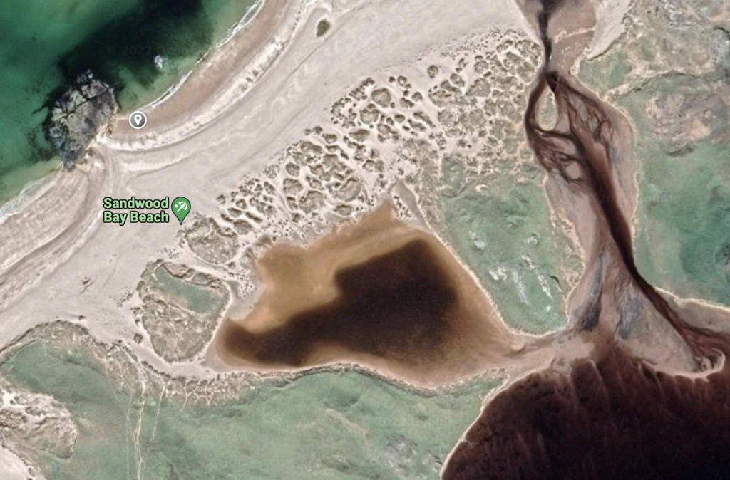 Satallite image showing swimming spot and loch in the sand dunes